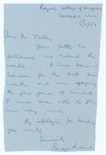 Francis George Mann. Middlesex, Cambridge University & England 1937-1954. Single page handwritten letter from Mann, dated 5th July 1957, in which Mann states he has been in London ‘for the past six months and am enjoying the few games of cricket I have be