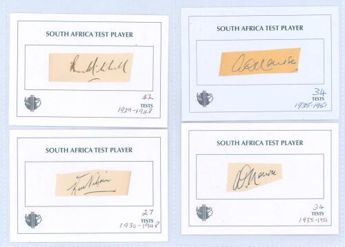 South Africa Test Players 1927-1951. Eight individual signatures in ink (one in pencil) of players who played Test cricket for South Africa, each signed to piece and laid down to ‘South Africa Test Player’ card. Signatures in ink are Bruce Mitchell, Ken V