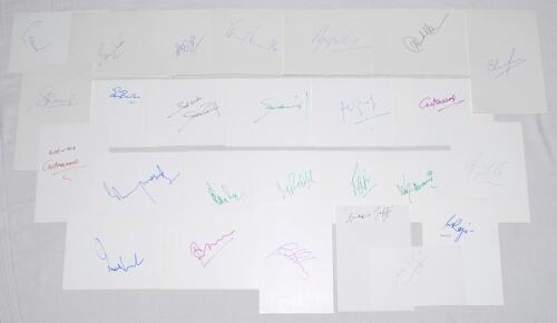 India cricketers 1970s- 2010s. Twenty seven white cards, each individually signed by an Indian Test or first-class cricketer. Signatures include Dravid, Srinath (2), Ramesh, Azharuddin, Kumble, Ganguly, Tendulkar, Gavaskar, Sandeep Patil (2), Shastri, Che