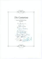 ‘The Centurions- Scorers of 100 First-Class Centuries’. Headed book insert by Boundary Books containing the ink signatures of nine players who have achieved the feat. Signatures, nicely signed in ink, by Don Bradman, Glenn Turner, Colin Cowdrey, Tom Grave