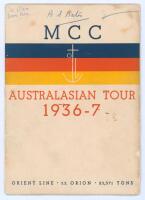 M.C.C. tour of Australia 1936/37. Official Orient Line S.S. Orion official brochure for the M.C.C. Australasian Tour 1936/37. Signed in ink to pen pictures by all eighteen members of the touring party. Signatures include Allen, Ames, Duckworth, Farnes, Ha