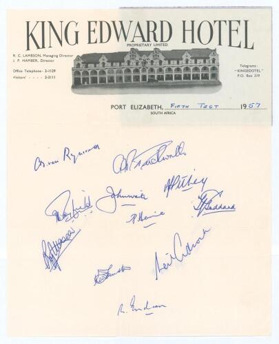 South Africa v England 1956/57. King Edward Hotel, Port Elizabeth letterhead signed in blue ink by the eleven members of the South Africa team for the fifth Test at Port Elizabeth, 1st- 5th March 1957. Signatures are van Ryneveld (Captain), Duckworth, Pit