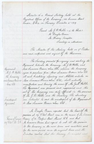 John Berry ‘Jack’ Hobbs, Surrey & England 1905-1934. ‘Minutes of a Board Meeting of the Company... December 4th 1919’. Two pages of minutes written in ink in immaculate copper handwriting for a meeting which appears to relate to the buying of ‘Cricketing,