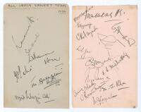All India tour to England 1936. Two album pages nicely signed in black ink (one in pencil) by twenty one members of the India touring party. Players’ signatures include Amarnath, Palia, Wazir Ali, Merchant, Mushtaq Ali, Banerjee, Nayudu, Jai, Meherhomji, 