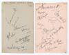 All India tour to England 1936. Two album pages nicely signed in black ink (one in pencil) by twenty one members of the India touring party. Players’ signatures include Amarnath, Palia, Wazir Ali, Merchant, Mushtaq Ali, Banerjee, Nayudu, Jai, Meherhomji, 