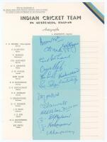 ‘Indian Cricket Team in Australia, 1947-48’. Two trimmed album pages laid down to an official autograph sheet, fully signed by all seventeen members of the India touring party. Signatures are Amarnath (Captain), Hazare, Nayudu, Gul Mohammad, Elahi, Rai Si
