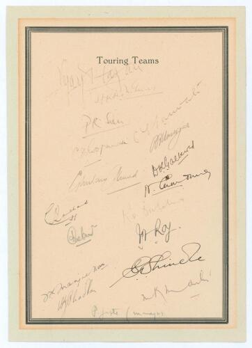 India tour to England 1952. Card with printed title ‘Touring Teams’ and borders, signed in ink (one in pencil) by eighteen members of the India touring party. Signatures include Hazare, Adikhari, Sen, Gopinath, Gulan Ahmed, Ramchand, Gaekwad, Manjrekar, P