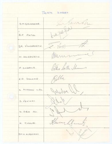 India. World Cup 1975. Ruled page signed in ink by eleven members of the India team. Signatures are Gavaskar, Patel, Vishwanath, Amarnath, Sharma, Solkar, Madan Lal, Venkataraghavan, Abid Ali, Ghavri and Kirmani. Horizontal and vertical folds, file holes,