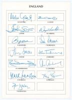 B.S.I. World Masters [Veterans] Cricket Cup, India 1995. Official pre-printed autograph card for the England team who took part in the competition held at the Brabourne Stadium, Bombay, 3rd- 12th March 1995. Thirteen signatures of Gatting, Athey, Lever, L