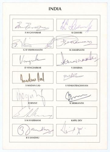 India. B.S.I. World Masters [Veterans] Cricket Cup, India 1995. Official pre-printed autograph card for the India team who took part in the competition held at the Brabourne Stadium, Bombay, 3rd- 12th March 1995. Thirteen signatures of Gavaskar, Vishwanat