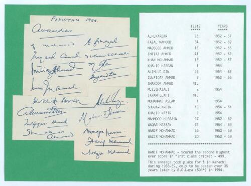 ‘Pakistan 1954’ first tour to England. Album pages irregularly but neatly trimmed and laid down to green card with printed players’ statistics to side, signed in ink by eighteen members of the Pakistan touring party. Signatures include Kardar (Captain), F