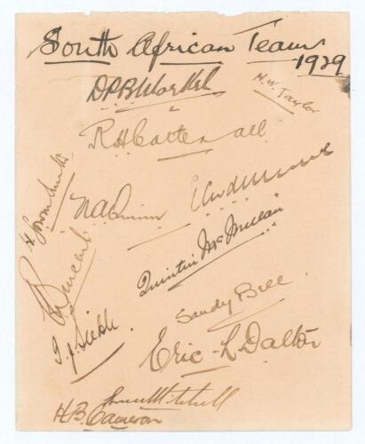 &lsquo;South African Team 1929&rsquo;. Album page nicely signed in ink by thirteen members of the 1929 South African touring party to England. Signatures are Morkel, Taylor, Catterall, Owen-Smith, Quinn, van der Merwe, Vincent, McMillan, Siedle, Bell, Dalton, Mitchel