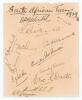 &lsquo;South African Team 1929&rsquo;. Album page nicely signed in ink by thirteen members of the 1929 South African touring party to England. Signatures are Morkel, Taylor, Catterall, Owen-Smith, Quinn, van der Merwe, Vincent, McMillan, Siedle, Bell, Dalton, Mitchel