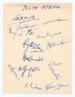 South Africa tour to England 1951. Album page nicely signed in ink by thirteen members of the South African touring party. Signatures are Nourse (Captain), E. Rowan, Mann, Tayfield, van Ryneveld, McLean, Cheetham, Chubb, Melle, A. Rowan, Fullerton, Endean