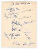 South Africa tour to England 1951. Album page nicely signed in ink by thirteen members of the South African touring party. Signatures are Nourse (Captain), E. Rowan, Mann, Tayfield, van Ryneveld, McLean, Cheetham, Chubb, Melle, A. Rowan, Fullerton, Endean