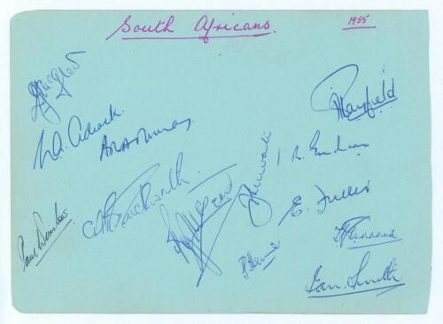 South Africa tour to England 1955. Large album page signed in ink by thirteen members of the South African touring party. Signatures are McGlew, Adcock, Murray, Winslow, Duckworth, McLean, Waite, Heine, Tayfield, Endean, Fuller, Goddard and Smith. G/VG.