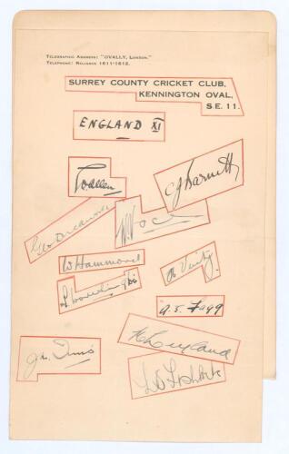 England v India 1936. Surrey C.C.C. headed page nicely signed in ink by the eleven members of the England team for the third Test v India at The Oval, 15th- 18th August 1936. Signatures, all neatly outlined in red ink, are Allen (Captain), Barnett, Duckwo