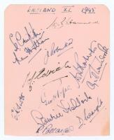 ‘England XI 1945’. Album page, signed in ink to one side by the twelve members of the 1945 England team, and to the verso by members of the ‘Victory Test’ team. Signatures are Hammond, Griffith, Hutton, Robertson, Edrich, Scott, Pope, Roberts, Washbrook, 