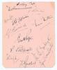 ‘England XI 1945’. Album page, signed in ink to one side by the twelve members of the 1945 England team, and to the verso by members of the ‘Victory Test’ team. Signatures are Hammond, Griffith, Hutton, Robertson, Edrich, Scott, Pope, Roberts, Washbrook, - 2