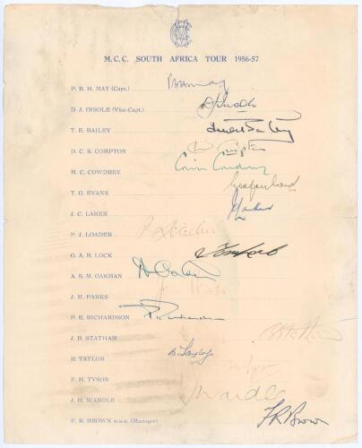 ‘M.C.C. South Africa Tour 1956-57’. Official M.C.C. autograph sheet fully signed in ink by all seventeen members of the touring party.