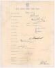 ‘M.C.C. South Africa Tour 1956-57’. Official M.C.C. autograph sheet fully signed in ink by all seventeen members of the touring party.