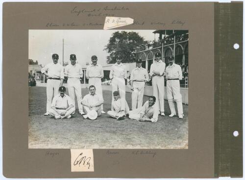 England v Australia. The Oval 1909. Four early original photographs laid down back to back on two photograph album pages. Two of the images depict action from the 5th Test at The Oval 1909, one of the England team informally standing and seated on the gro