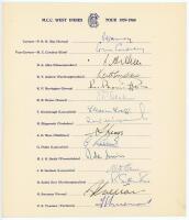 M.C.C. tour of West Indies 1959/60. Official autograph sheet with printed title and players’ names. Fully signed in ink by all fifteen listed players. Signatures are May (Captain), Cowdrey, Allen, Andrew, Barrington, Dexter, Greenhough, Illingworth, Moss,