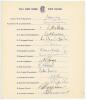 M.C.C. tour of West Indies 1959/60. Official autograph sheet with printed title and players’ names. Fully signed in ink by all fifteen listed players. Signatures are May (Captain), Cowdrey, Allen, Andrew, Barrington, Dexter, Greenhough, Illingworth, Moss,