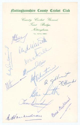 West Indies tour to England 1957. Nottinghamshire C.C.C. official letterhead signed in blue ink by thirteen members of the West Indies touring party. Signatures are Goddard (Captain), Walcott, Ganteaume, Hall, Ramadhin, Atkinson, Valentine, Gilchrist, Ale