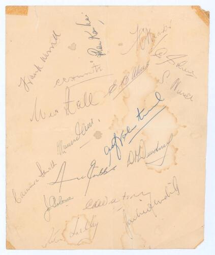 West Indies c.1960. Page signed in ink by seventeen West Indies players. Signatures include Worrell, Kanhai, Alexander, Hunte, Sobers, Hall, Allan, Nurse, Ramadhin, Valentine, Gibbs, Hendricks etc. Heavy creasing, staining and small tear, old tape marks t