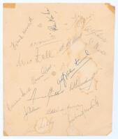 West Indies c.1960. Page signed in ink by seventeen West Indies players. Signatures include Worrell, Kanhai, Alexander, Hunte, Sobers, Hall, Allan, Nurse, Ramadhin, Valentine, Gibbs, Hendricks etc. Heavy creasing, staining and small tear, old tape marks t