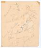 West Indies c.1960. Page signed in ink by seventeen West Indies players. Signatures include Worrell, Kanhai, Alexander, Hunte, Sobers, Hall, Allan, Nurse, Ramadhin, Valentine, Gibbs, Hendricks etc. Heavy creasing, staining and small tear, old tape marks t