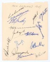 New Zealand tour to England 1949. Small album page nicely signed in ink by fifteen members of the New Zealand touring party. Signatures are Hadlee (Captain), Wallace, Smith, Reid, Scott, Cresswell, Donnelly, Hayes, Cave, Sutcliffe, Burtt, Burke, Rabone, C