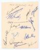 New Zealand tour to England 1949. Small album page nicely signed in ink by fifteen members of the New Zealand touring party. Signatures are Hadlee (Captain), Wallace, Smith, Reid, Scott, Cresswell, Donnelly, Hayes, Cave, Sutcliffe, Burtt, Burke, Rabone, C