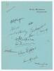 Australia tour to England 1934. Hotel Metropole, Folkestone letterhead nicely signed in black ink by the twelve members of the Australian team for the tour match v England XI at Folkestone, 1st- 4th September 1934. Signatures are Woodfull (Captain), Wall,