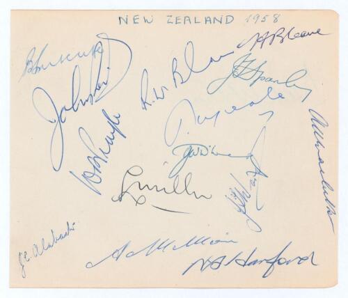 New Zealand tour to England 1958. Album page nicely signed in ink by fourteen members of the New Zealand touring party. Signatures are Reid (Captain), Sutcliffe, Playle, Alabaster, Blair, Cave, Sparling, Meale, D’Arcy, Miller, MacGibbon, Ward, Moir and Ha