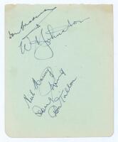 Australia 1948. Album page very nicely signed in ink by five Australians, Don Bradman, Bill Johnston, Neil Harvey, Doug Ring and Don Tallon. Probably signed on the 1948 tour to England. VG.