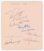 Australia tour to England 1948. Large album page nicely signed in different coloured inks by eleven members of the Australian touring party. Signatures are Bradman (Captain), Saggers, Toshack, Harvey, Tallon, McCool, Loxton, Morris, Hamence, Brown and Joh