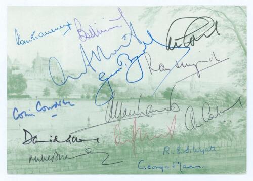 England Test captains 1940s-1990s. Postcard of ‘Cricket Match at the Mardyke’ signed in ink to the front by thirteen England Test captains. Signatures are Graveney, Willis, Atherton (signed twice), Boycott, Colin Cowdrey, Gower, Brearley, Gooch, Illingwor