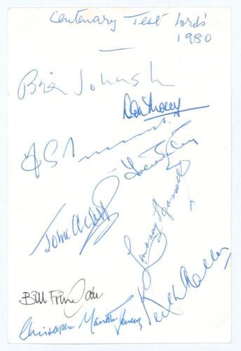 &lsquo;Centenary Test Lord&rsquo;s 1980&rsquo;. Small page signed by nine members of the Test Match Special commentary team and other attendees. Signatures are Brian Johnston, Don Mosey, Fred Trueman, Trevor Bailey, John Arlott, Lindsay Hassett, Bill Frindall, Christopher 