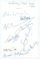 ‘Centenary Test Lord’s 1980’. Small page signed by nine members of the Test Match Special commentary team and other attendees. Signatures are Brian Johnston, Don Mosey, Fred Trueman, Trevor Bailey, John Arlott, Lindsay Hassett, Bill Frindall, Christopher 