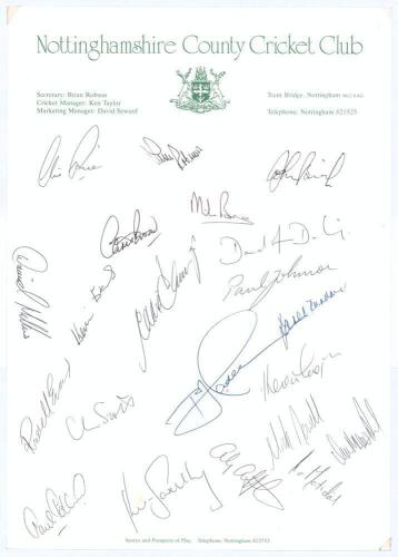 Nottinghamshire C.C.C. &lsquo;Double Winners&rsquo; 1987. Official autograph sheet for the season signed by twenty one players. Signatures include Clive Rice, Richard Hadlee, Tim Robinson, Derek Randall, Chris Broad, Eddie Hemmings etc. Nottinghamshire won the County