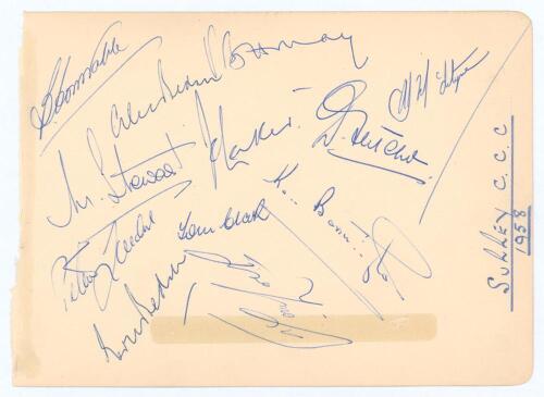 &lsquo;Surrey C.C.C. 1958&rsquo;. Large album page, signed in ink to one side by the twelve members of the 1958 Surrey team. Signatures are Constable, A. Bedser, Stewart, Loader, E. Bedser, May, Laker, Clark, Lock, McIntyre, Fletcher and Barrington. To the verso, sig