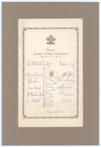 &lsquo;Surrey County Cricket Champions 1952-1957&rsquo;. Official autograph sheet with printed title, county emblem and decorative borders. Signed by thirteen members of the Surrey team of 1957. Signatures are Surridge, A. Bedser, Laker, Clark, Barrington, Stewart, M