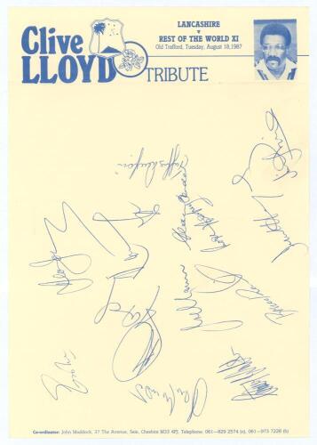 &lsquo;Clive Lloyd Tribute. Lancashire v Rest of the World XI&rsquo;. Official letterhead for the match played at Old Trafford, 18th August 1987, signed in ink by thirteen members of the Rest of the World team including Viv Richards, Desmond Haynes, Bruce Reid, Joel 