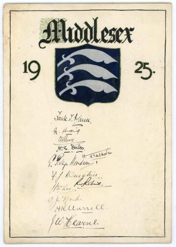 Middlesex C.C.C. 1925. Original artwork with hand painted Middlesex county emblem and title, &lsquo;Middlesex 1925&rsquo;, painted by &lsquo;Miss D. Eileen Bullough&rsquo; with her name and address in Cheshire annotated to verso. Nicely signed in ink by twelve Middlesex players.