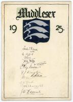 Middlesex C.C.C. 1925. Original artwork with hand painted Middlesex county emblem and title, ‘Middlesex 1925’, painted by ‘Miss D. Eileen Bullough’ with her name and address in Cheshire annotated to verso. Nicely signed in ink by twelve Middlesex players.