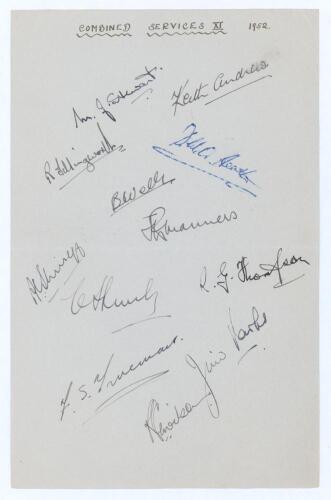 &lsquo;Combined Services XI 1952&rsquo;. Page nicely signed in ink by the twelve members of the Combined Services XI for the tour match v Indians at Gillingham, 25th & 26th June 1952. Signatures are Stewart, Andrew, Illingworth, Heath, Wells, Manners, Shirreff, Thomp