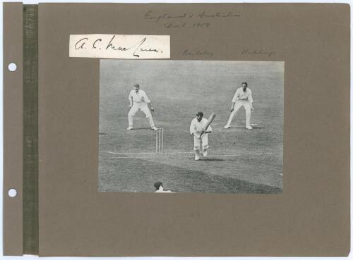 England v Australia. The Oval 1909. Four early original photographs laid down back to back on two photograph album pages. Three of the images depict action from the 5th Test at The Oval 1909, one of Warren Bardsley batting for Australia with England slip 