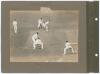 England v Australia. The Oval 1909. Four early original photographs laid down back to back on two photograph album pages. Three of the images depict action from the 5th Test at The Oval 1909, one of Warren Bardsley batting for Australia with England slip - 2